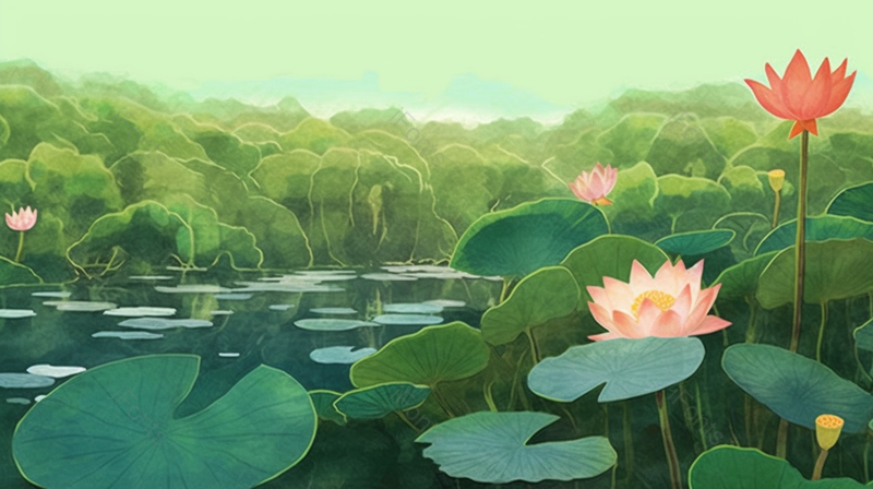 林边荷花盛开二十四节气夏至夏季荷花荷叶开花绿色插画,插画/手绘图,插画/手绘图库,插画/手绘图下载,插画/手绘